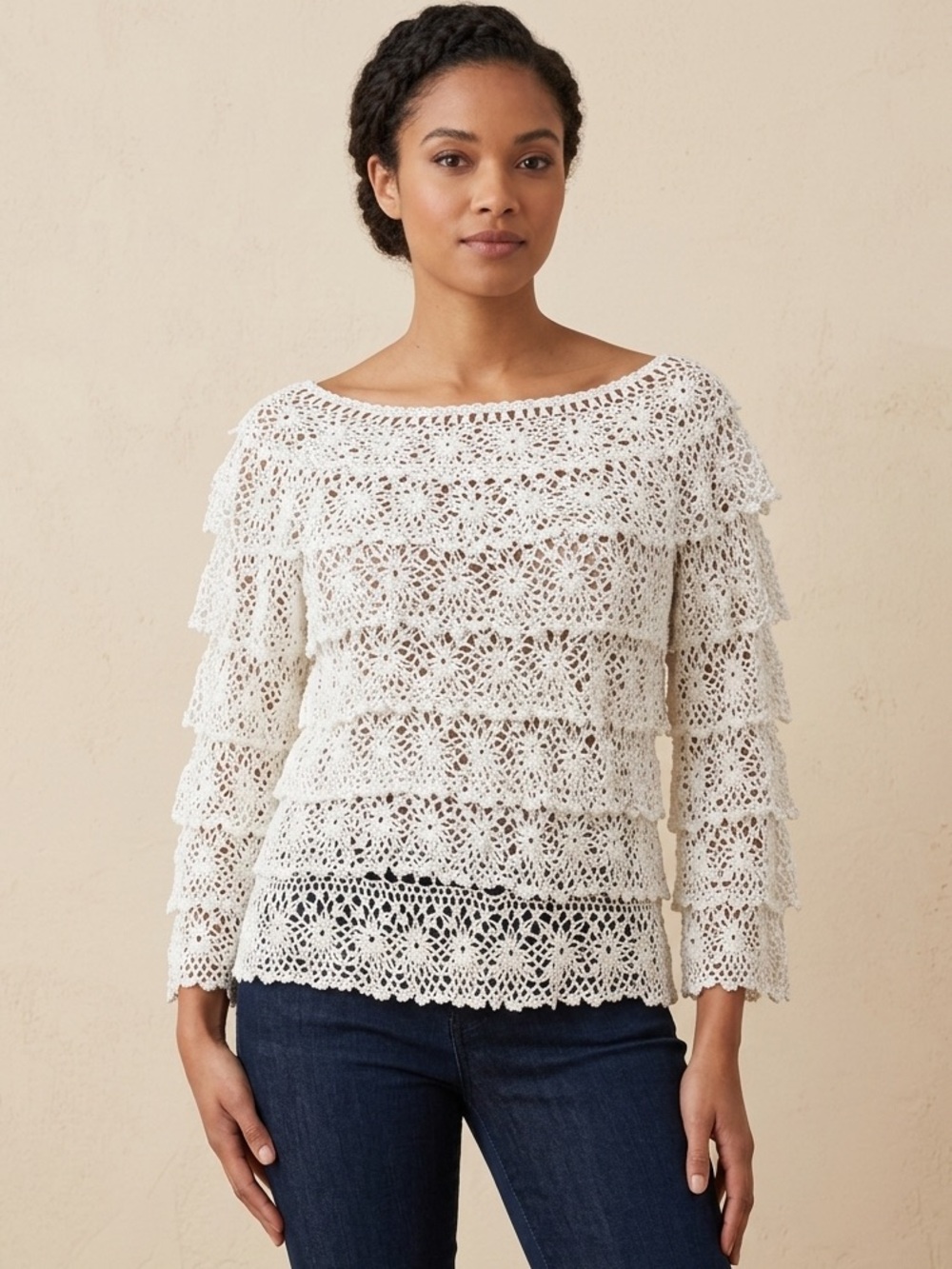 Mina Collections Tiered Crochet Open-Knit Top Size Small / Medium